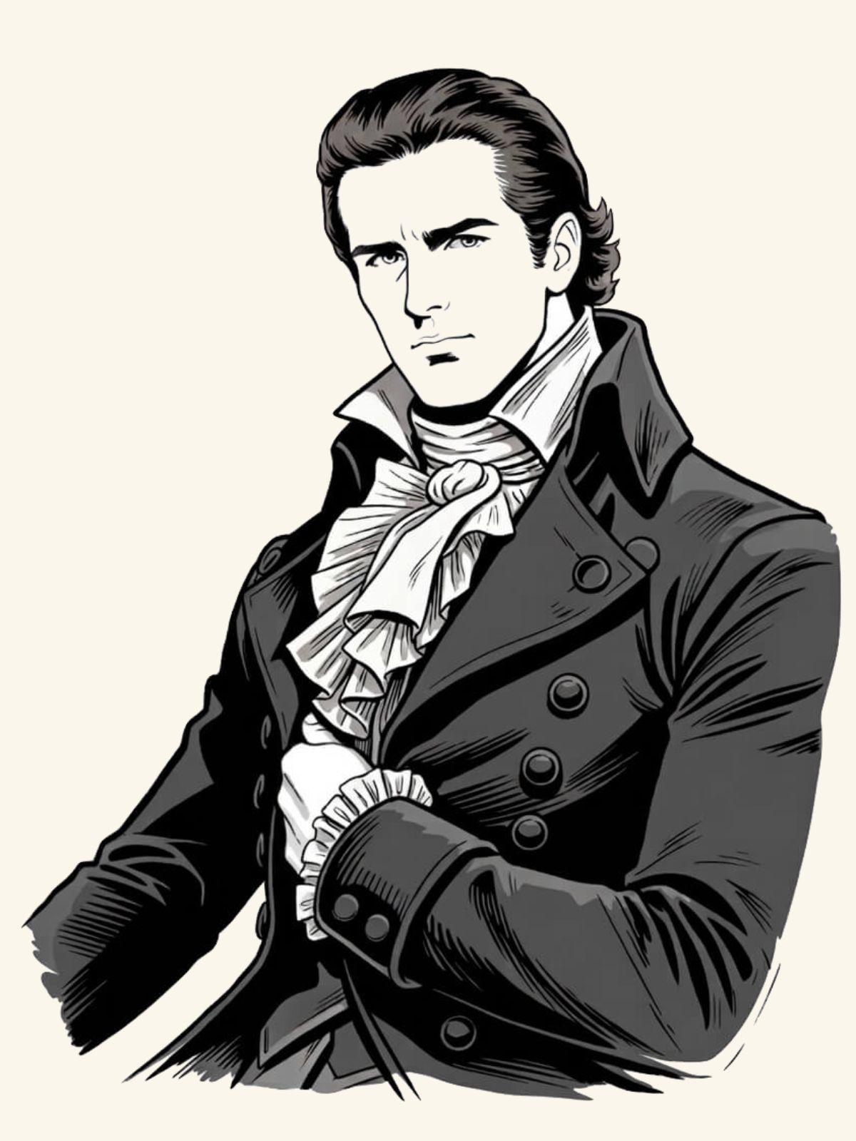 Ritratto del festeggiato in veste da poeta romantico, in stile incisione ottocentesca.