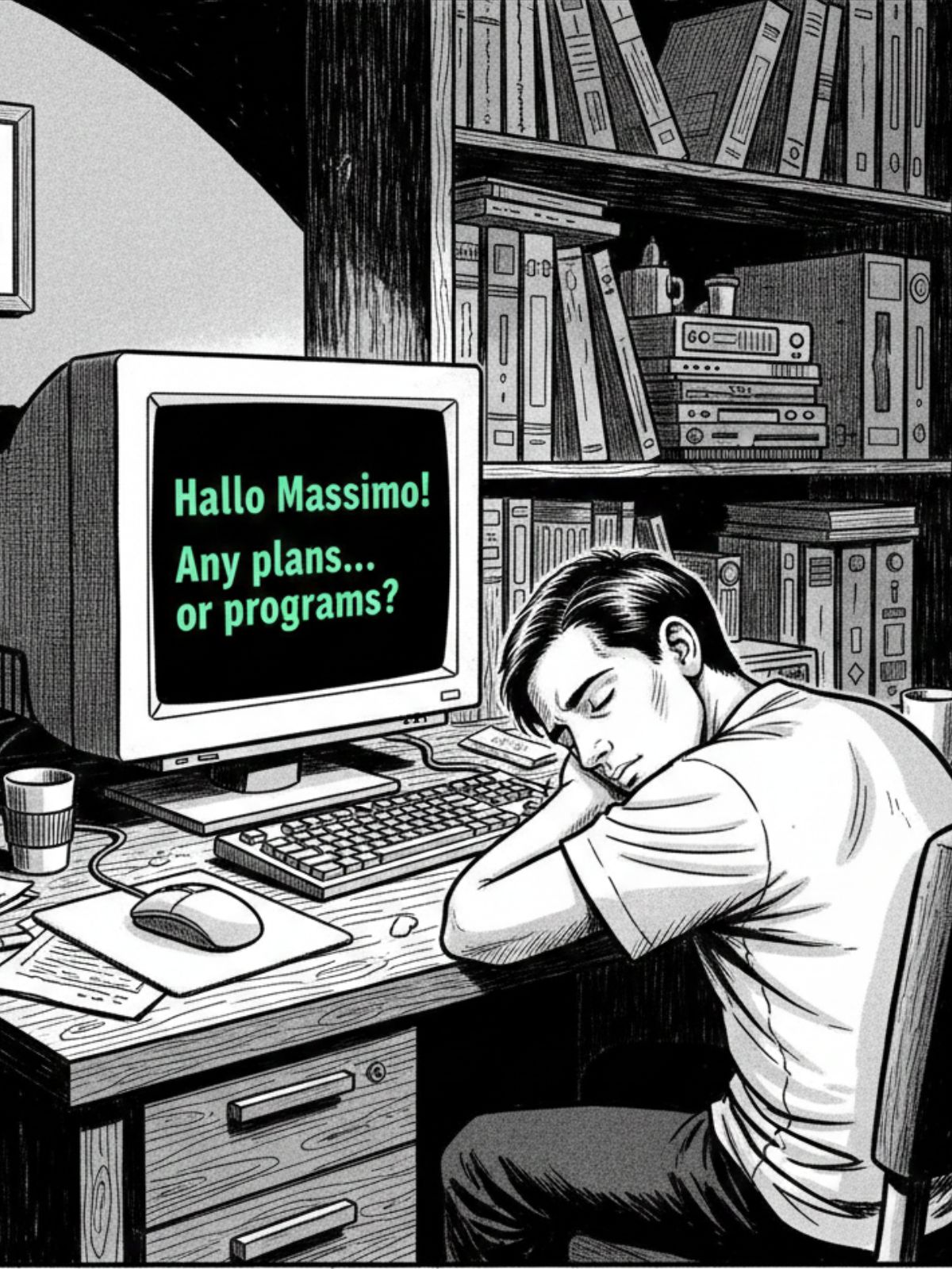 Ritratto del festeggiato davanti al computer, assopito tra tastiera e la domanda: any plans or programs?