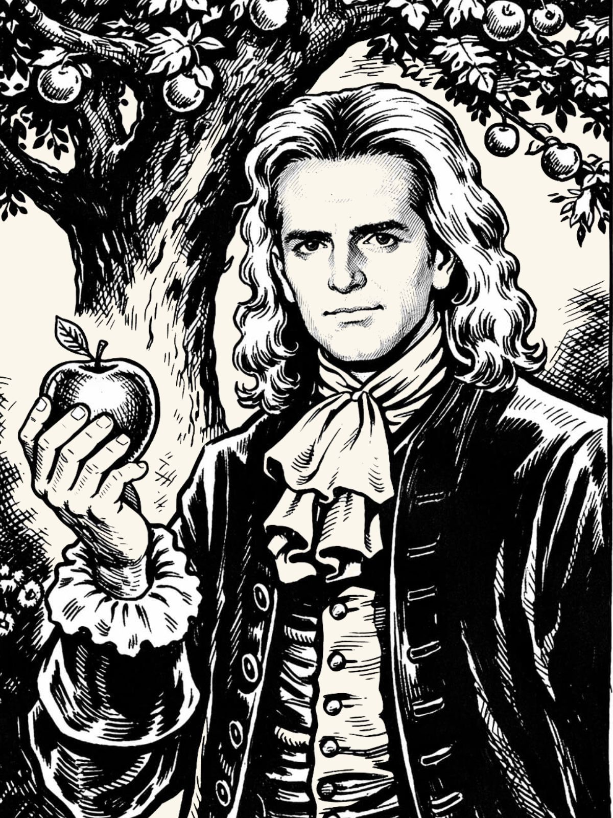 Ritratto del festeggiato in stile Isaac Newton, con una mela in mano sotto un albero.