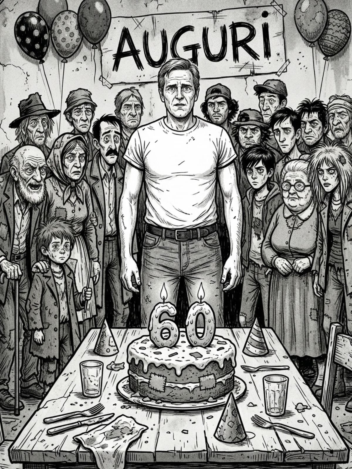 Ritratto corale degli invitati in stile fumetto europeo.