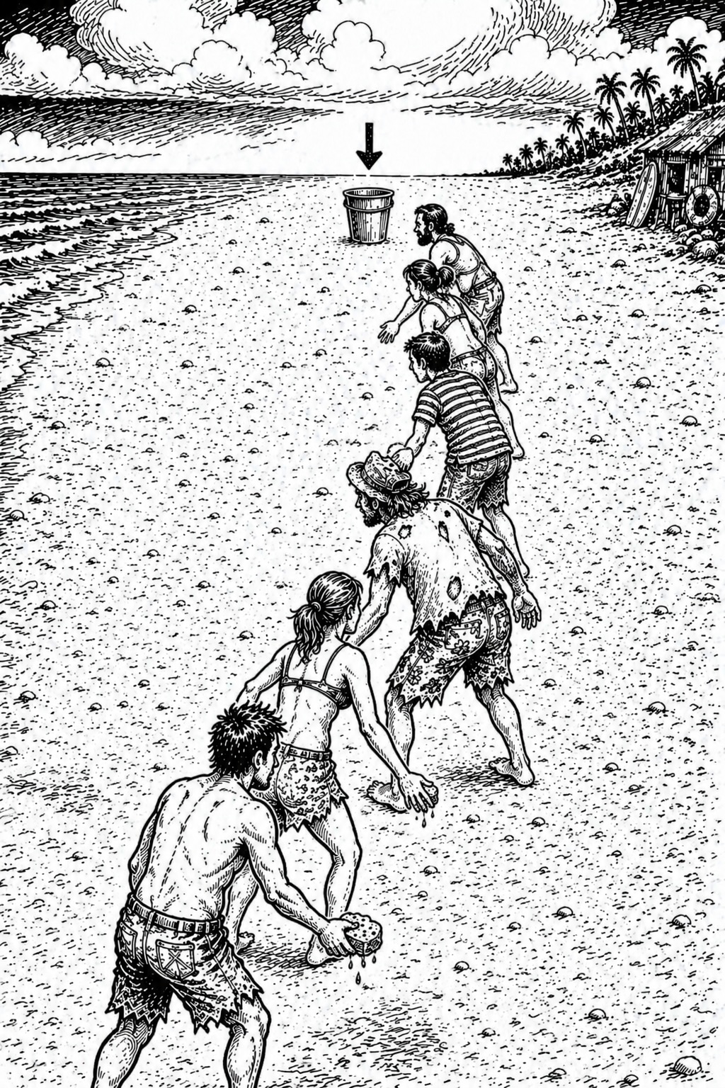 Gioco del secchio con passaggio dell'acqua in catena.